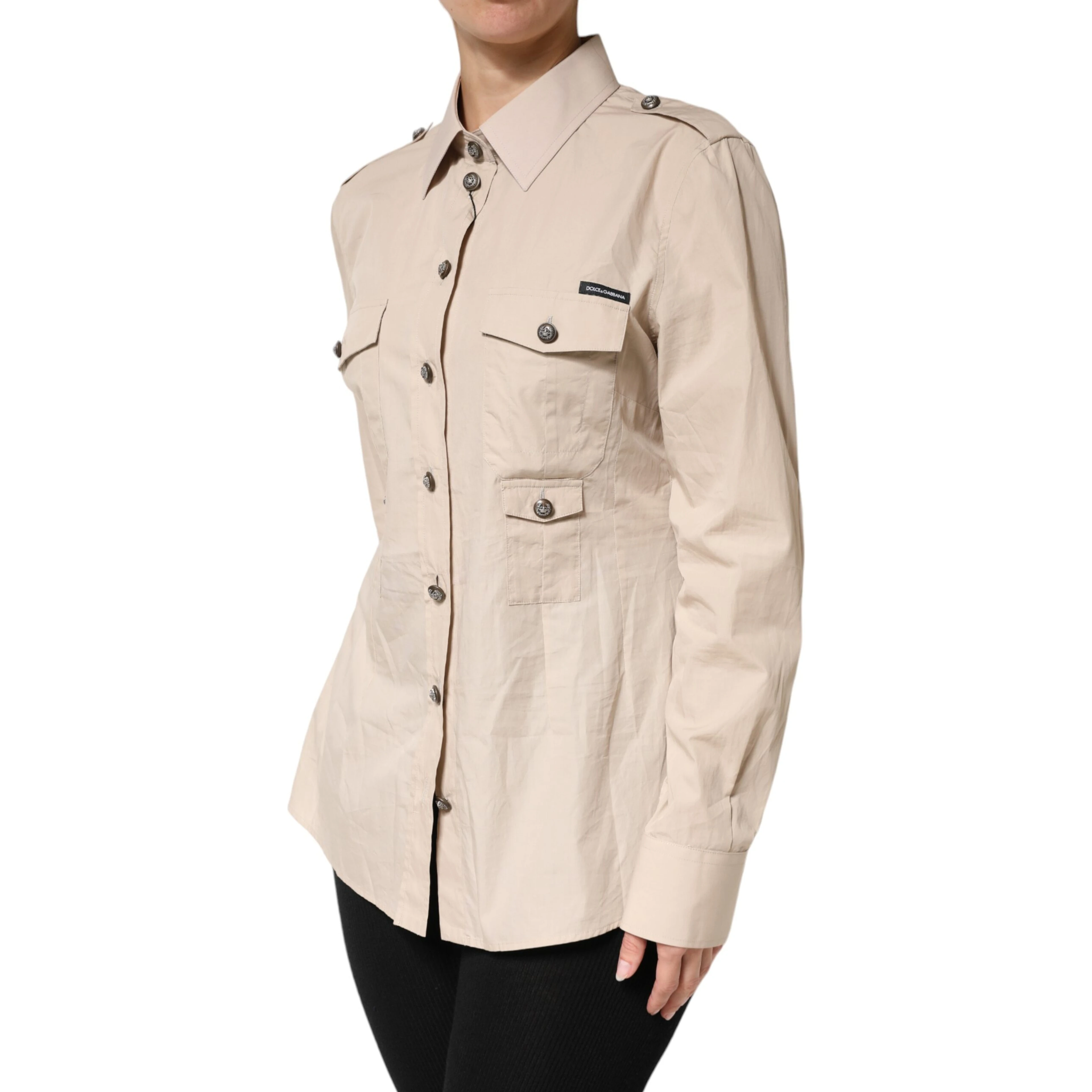 Beige Collared Long Sleeve Cotton Shirt Top