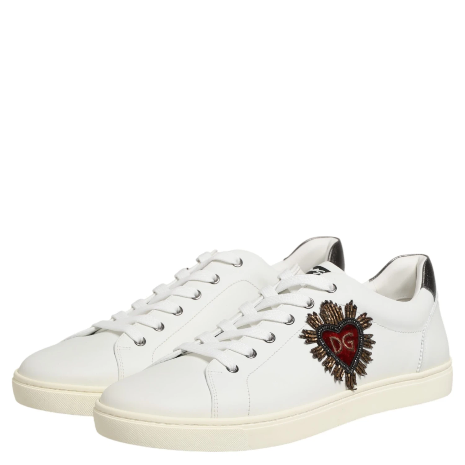 White Leather Heart Embellished Sneakers Shoes