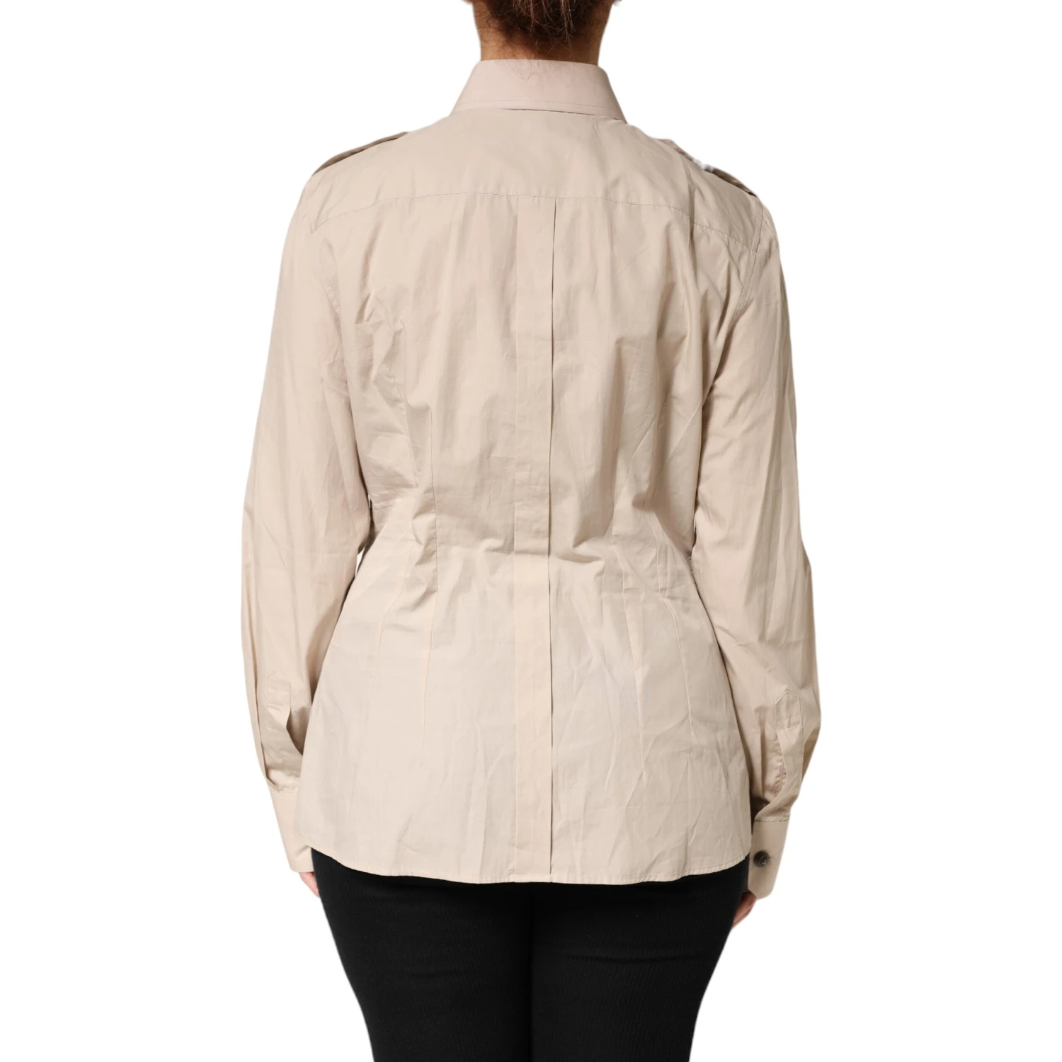 Beige Collared Long Sleeve Cotton Shirt Top
