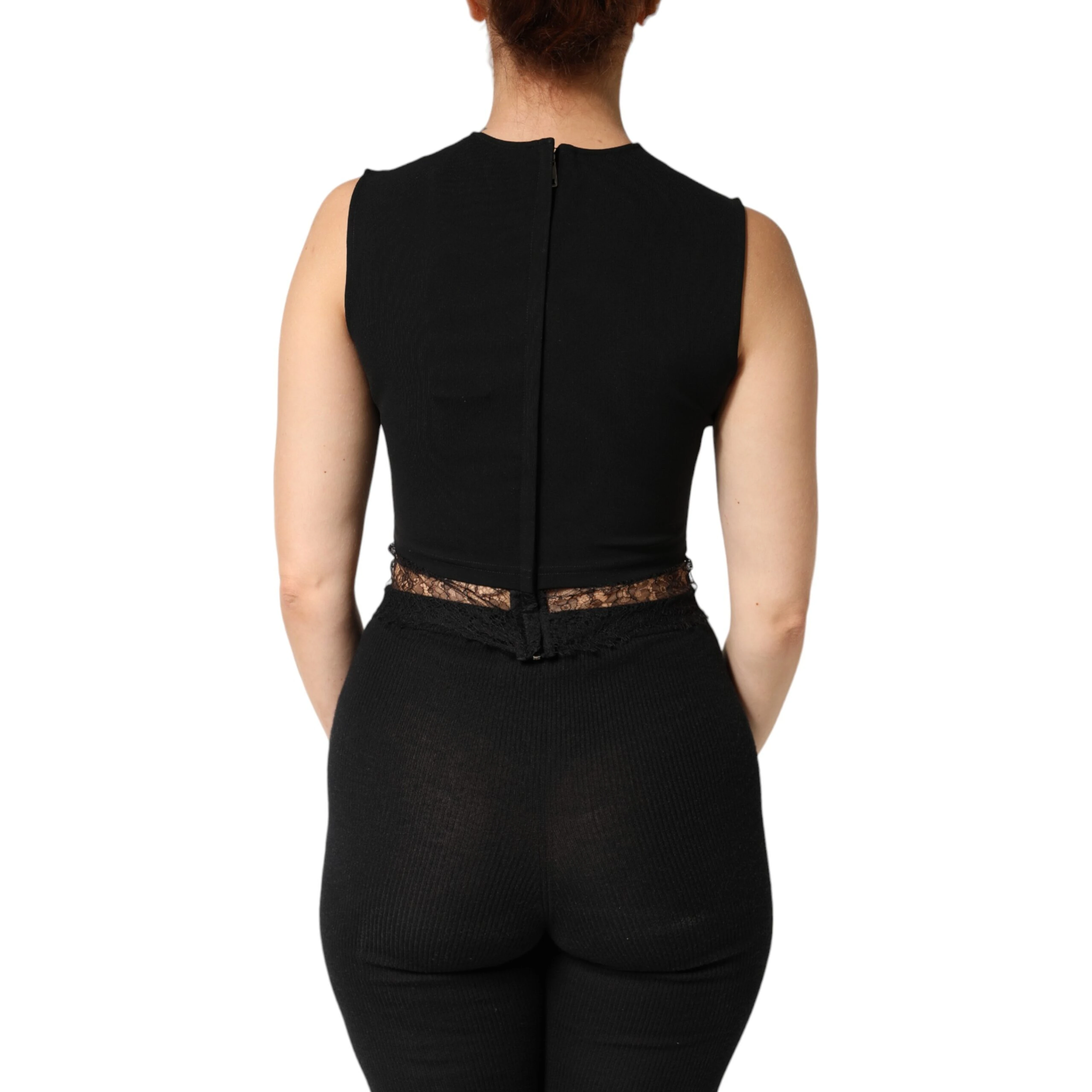 Black Jersey Lace Ruching Rhinestone Tank Top