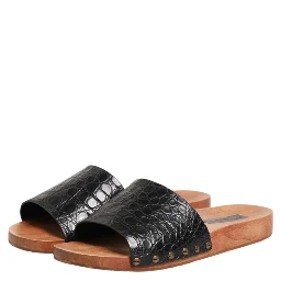 Black Brown Leather Slides Sandals Shoes