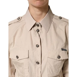 Beige Collared Long Sleeve Cotton Shirt Top