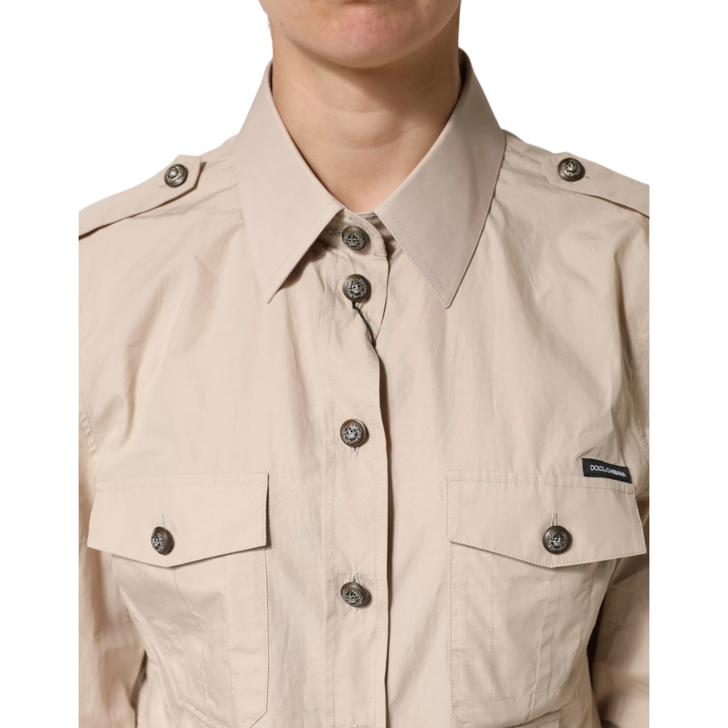 Beige Collared Long Sleeve Cotton Shirt Top