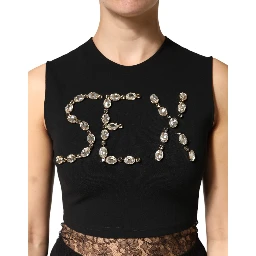 Black Jersey Lace Ruching Rhinestone Tank Top