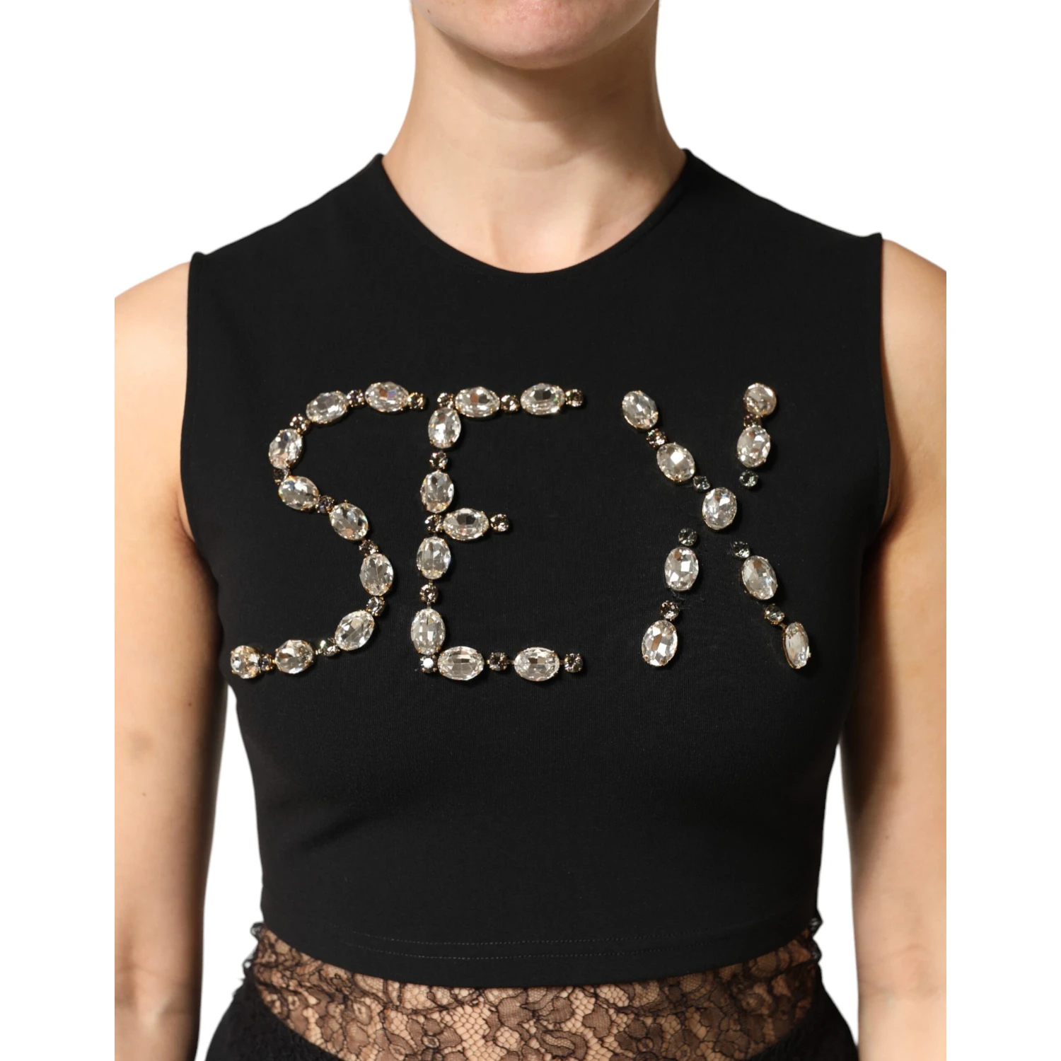 Black Jersey Lace Ruching Rhinestone Tank Top