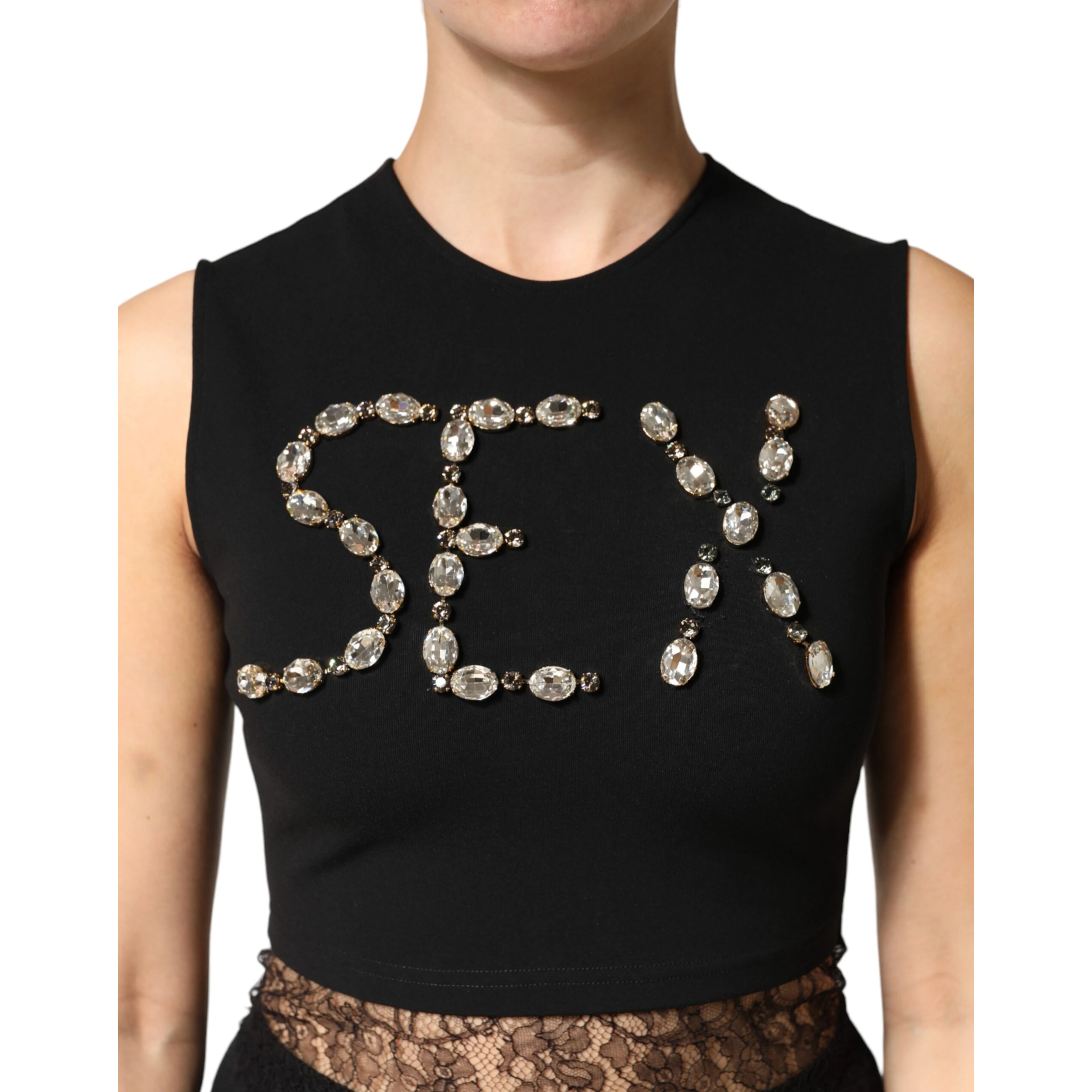 Black Jersey Lace Ruching Rhinestone Tank Top