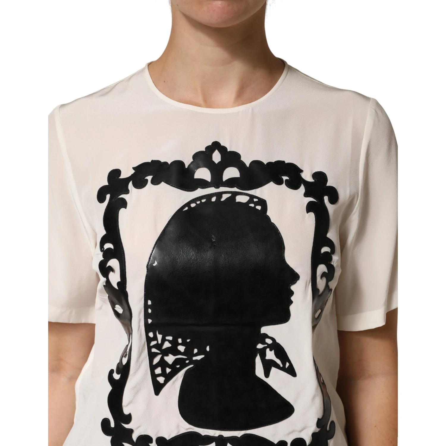 Cream Silk Silhouette Detail Short Sleeve Top