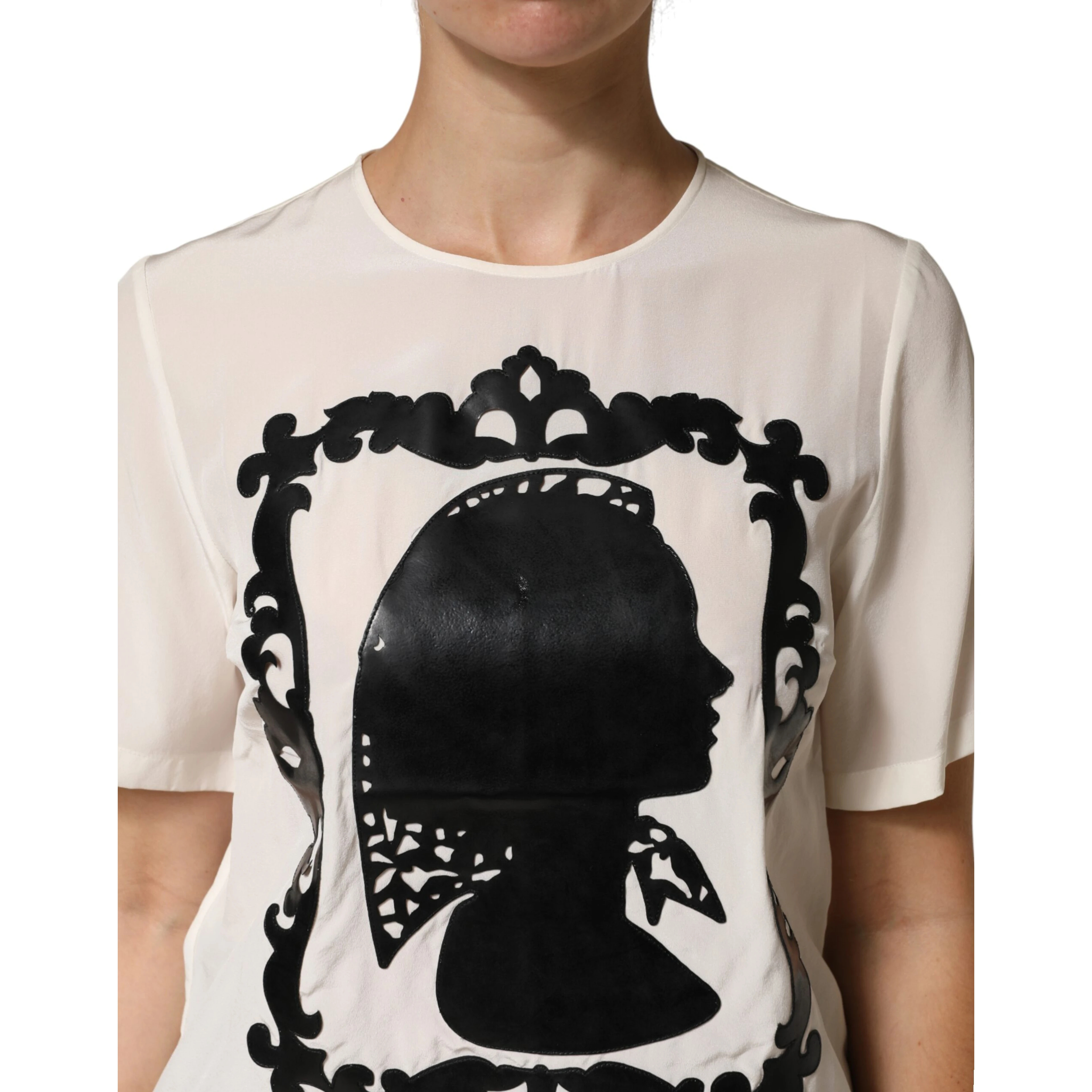 Cream Silk Silhouette Detail Short Sleeve Top