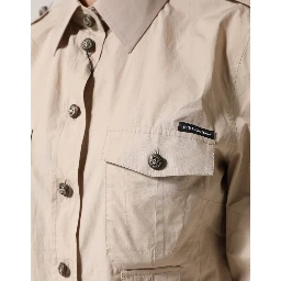Beige Collared Long Sleeve Cotton Shirt Top