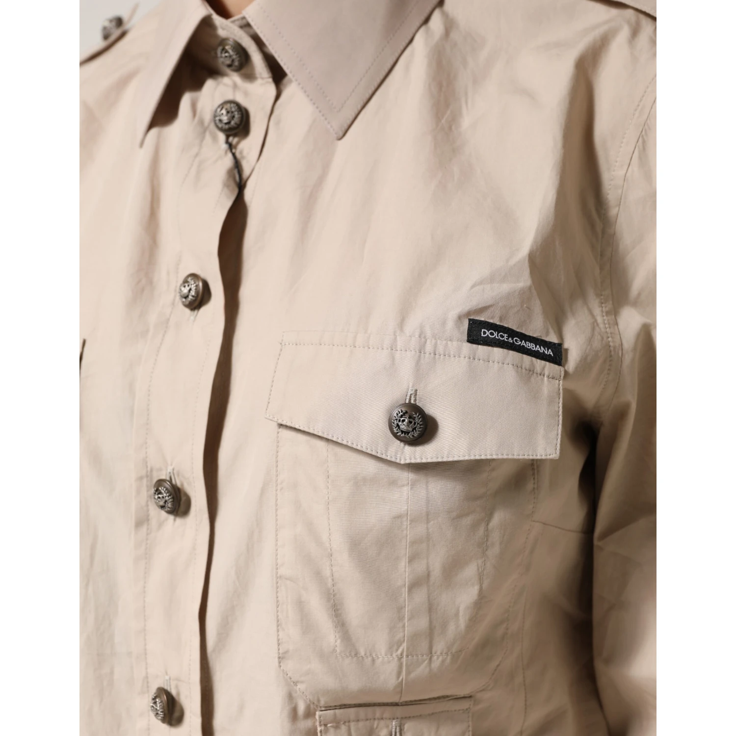 Beige Collared Long Sleeve Cotton Shirt Top