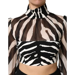 Zebra Print Chiffon Paneled Crop Blouse Top