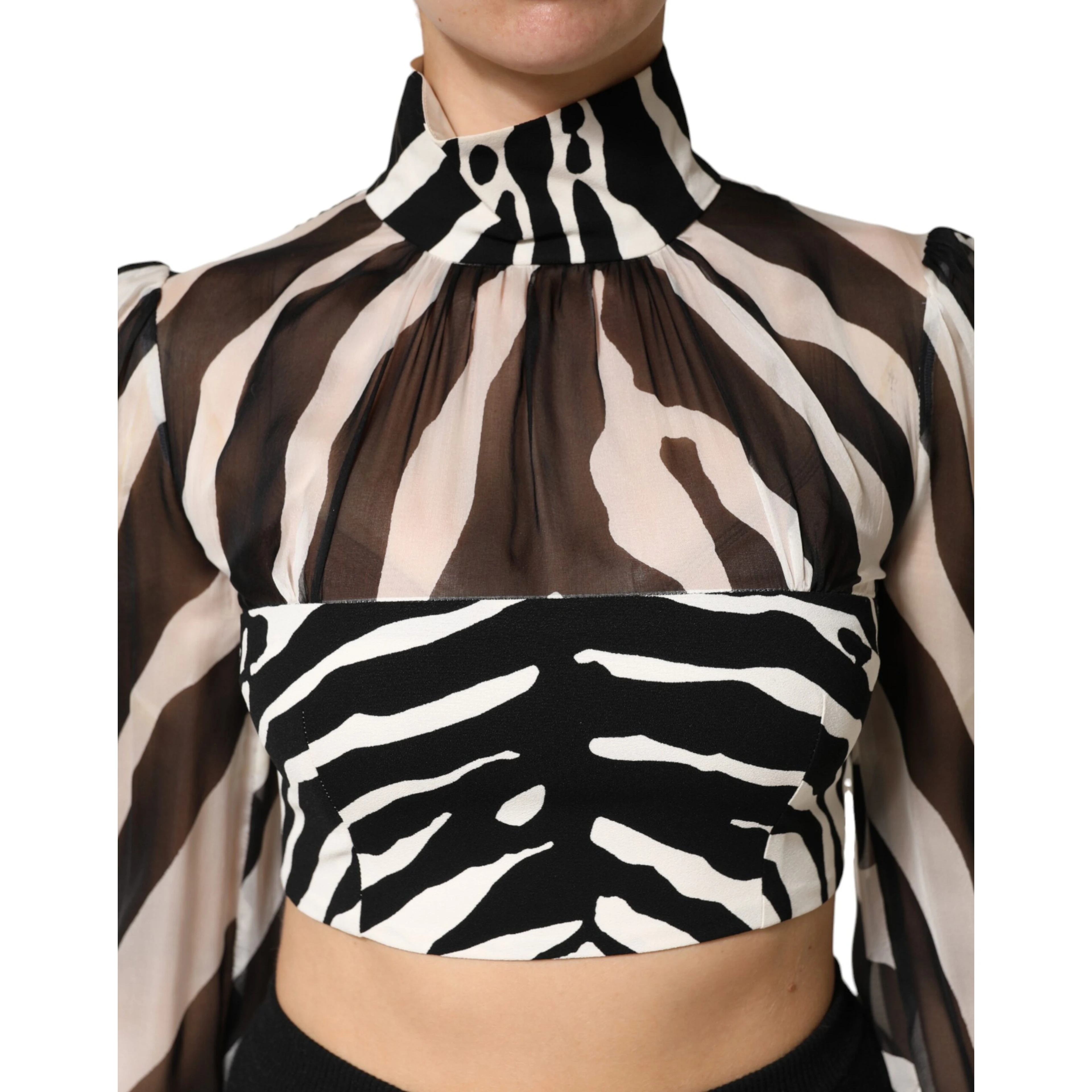 Zebra Print Chiffon Paneled Crop Blouse Top