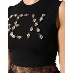 Black Jersey Lace Ruching Rhinestone Tank Top