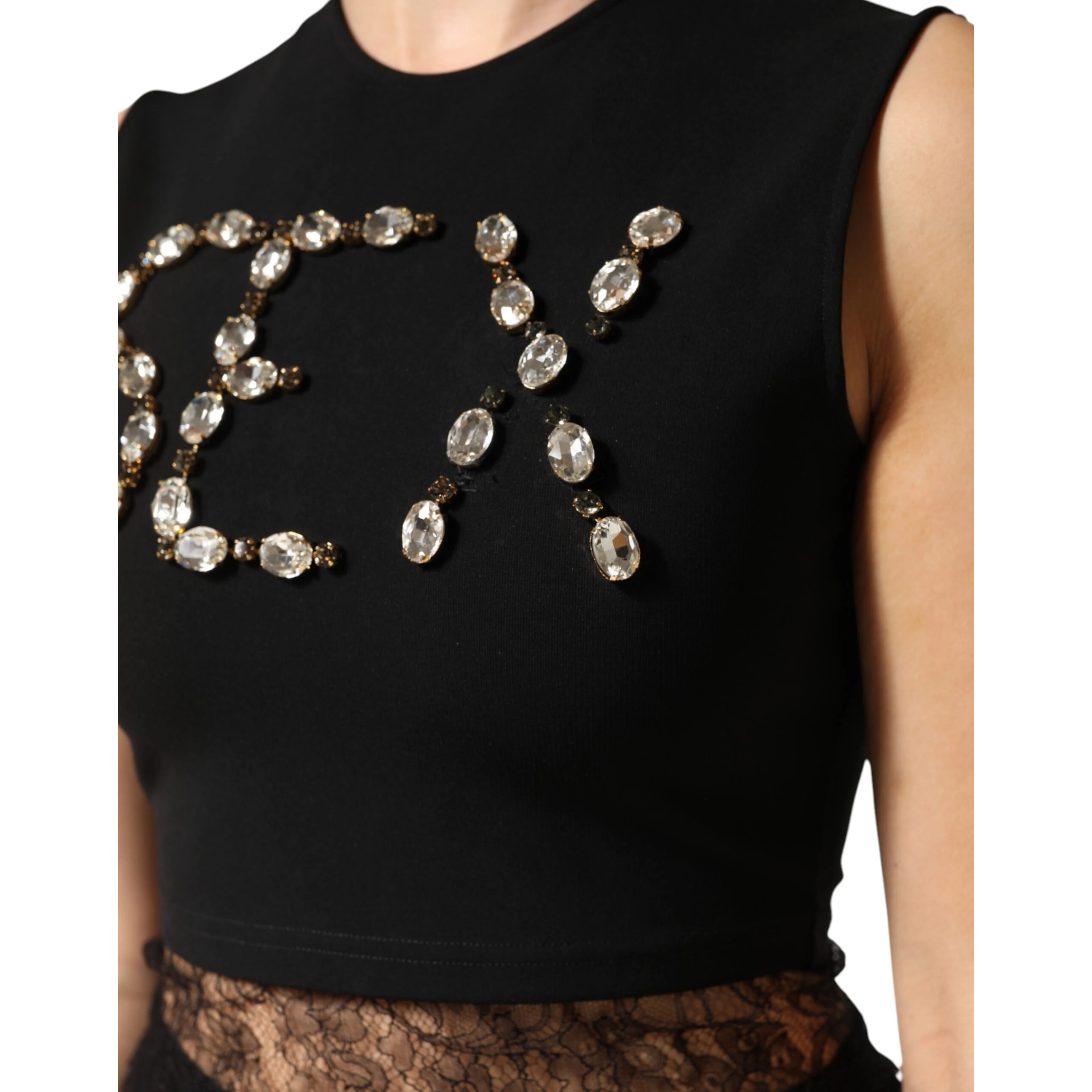 Black Jersey Lace Ruching Rhinestone Tank Top