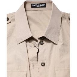 Beige Collared Long Sleeve Cotton Shirt Top