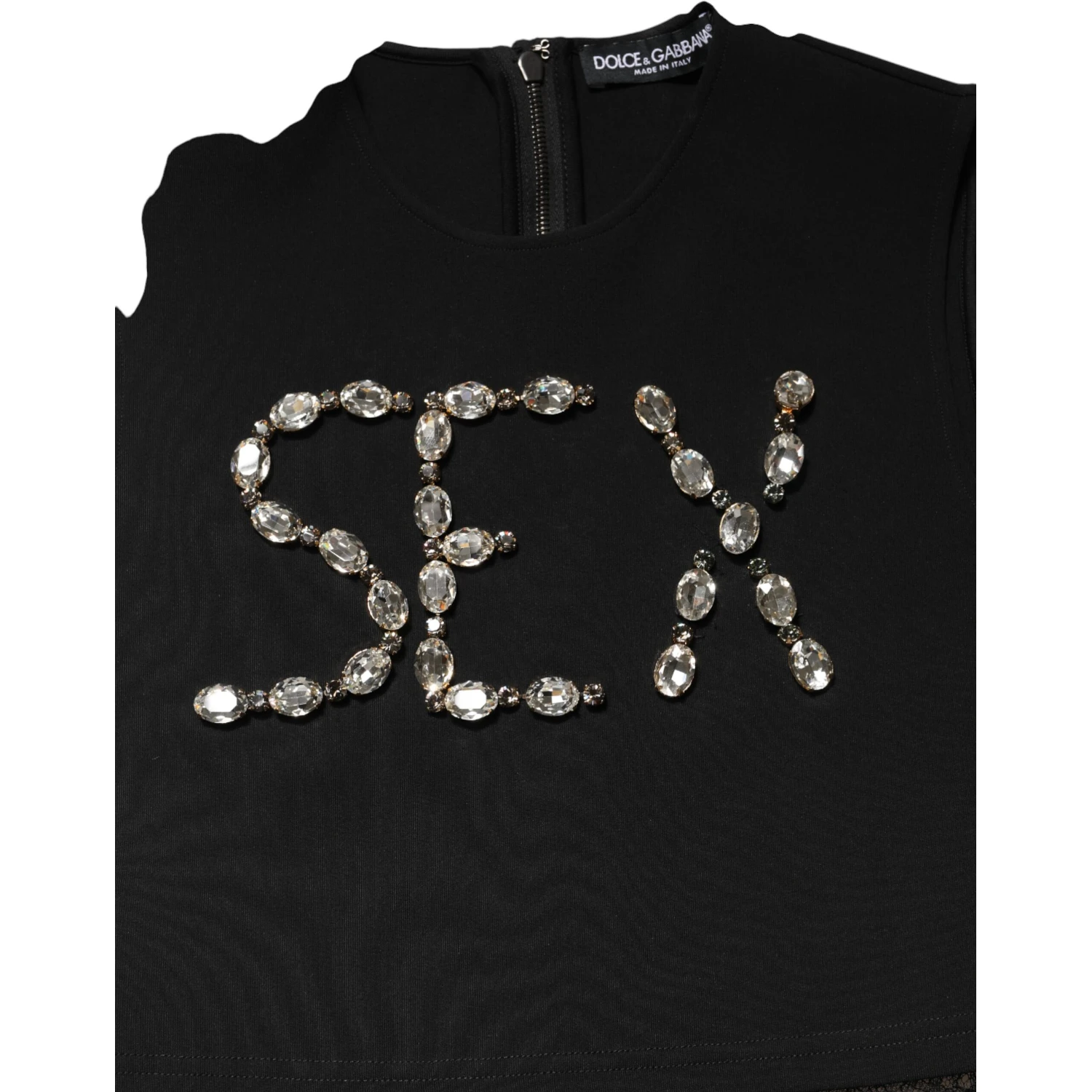 Black Jersey Lace Ruching Rhinestone Tank Top