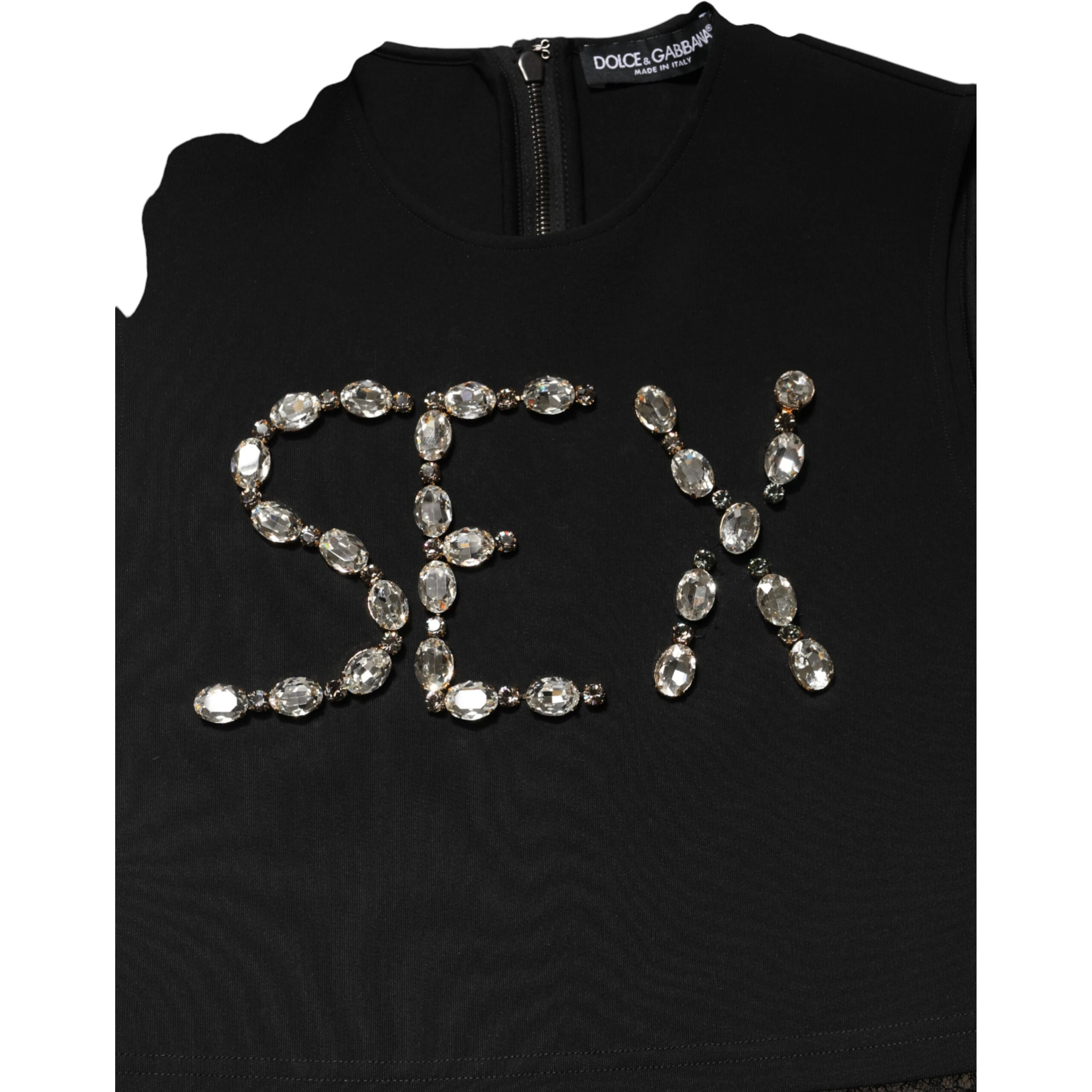 Black Jersey Lace Ruching Rhinestone Tank Top
