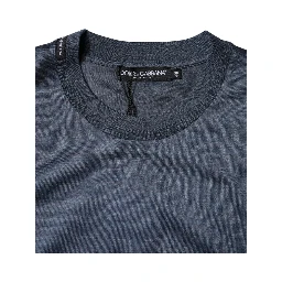 Blue Silk Crew Neck Short Sleeves Men T-shirt
