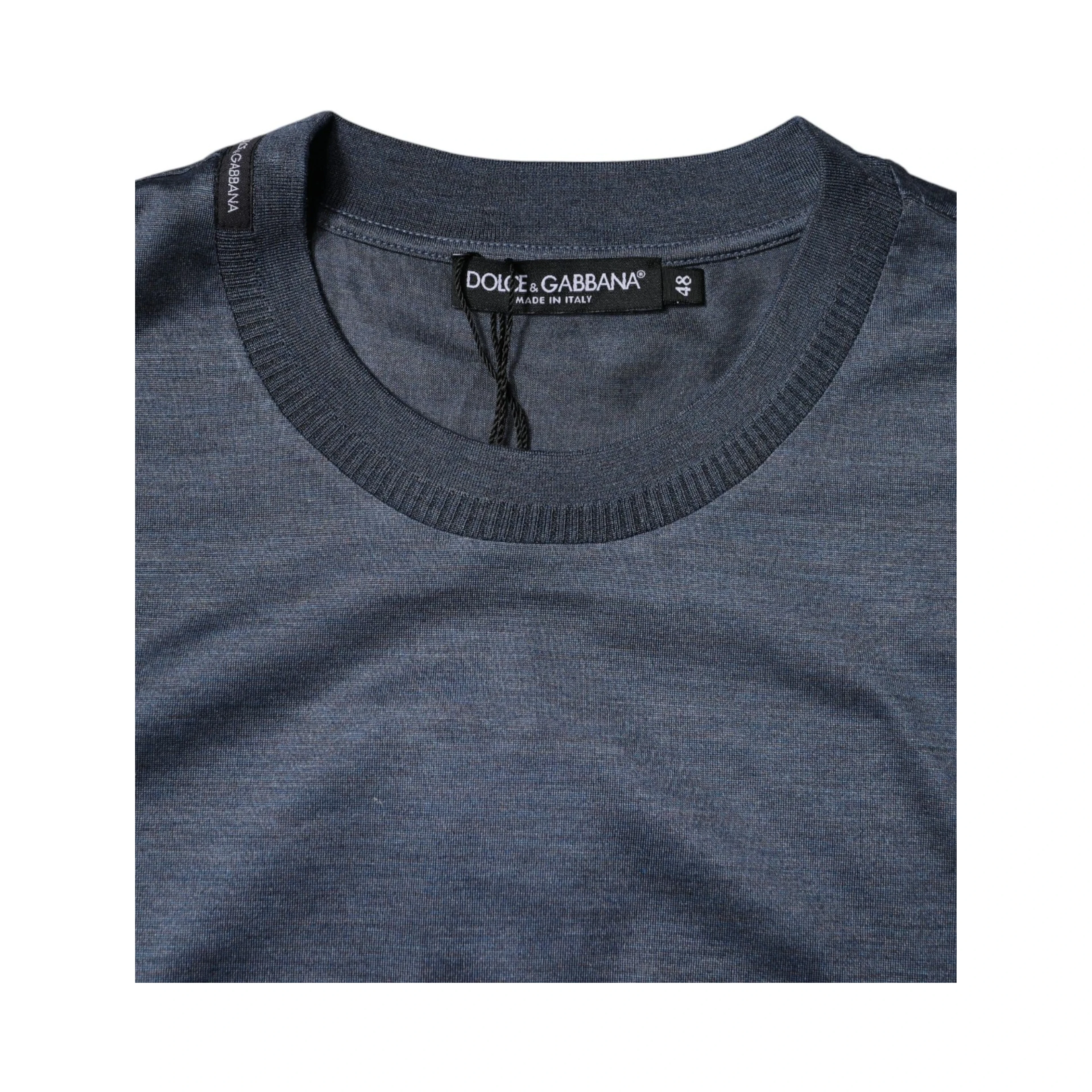 Blue Silk Crew Neck Short Sleeves Men T-shirt
