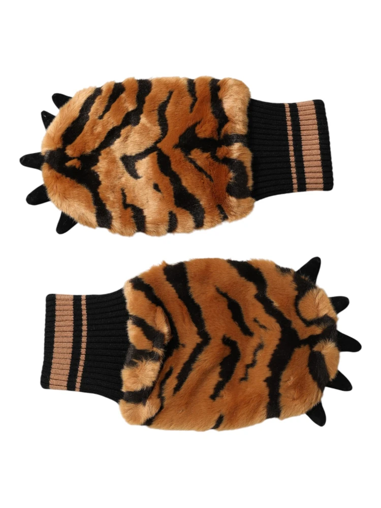 Brown Tiger Knitted Fur Wrist Mitten One Size Gloves