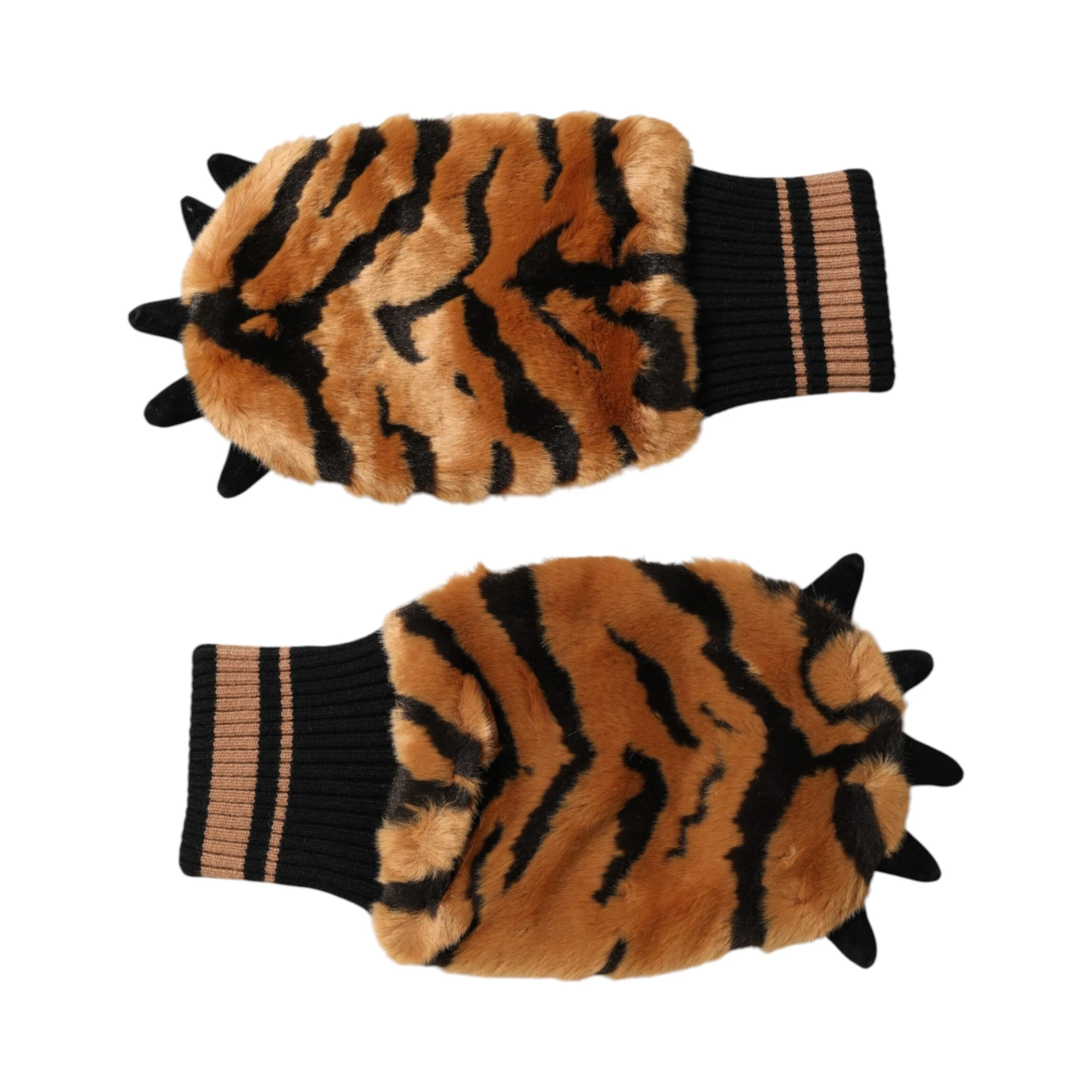 Brown Tiger Knitted Fur Wrist Mitten One Size Gloves