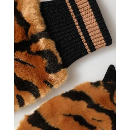 Brown Tiger Knitted Fur Wrist Mitten One Size Gloves