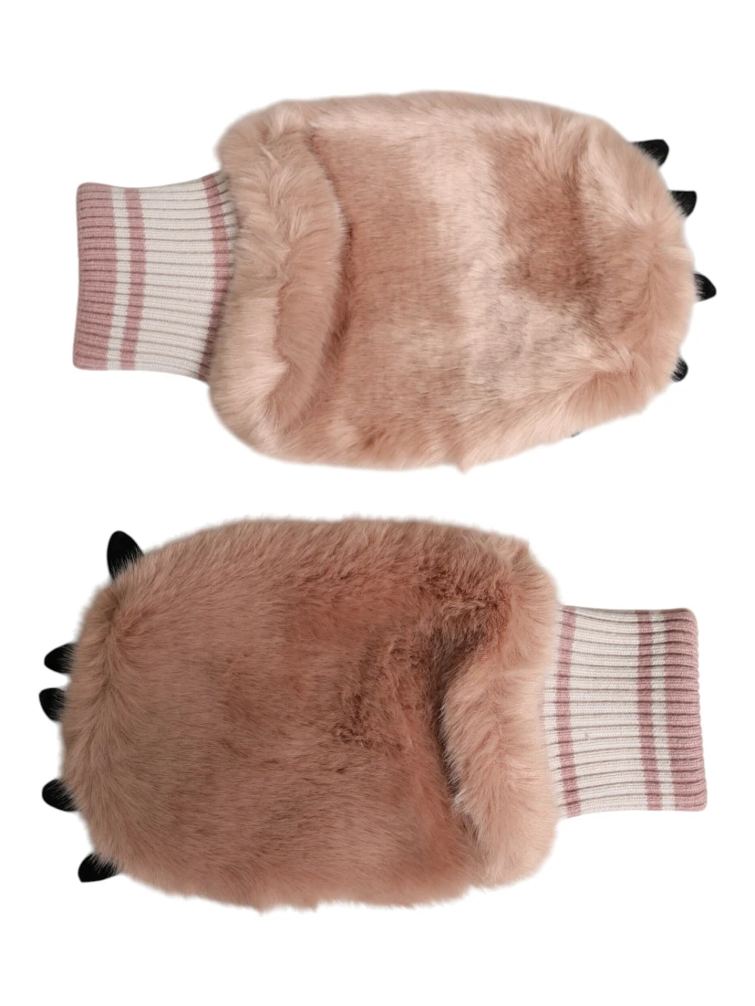 Brown Acrylic Knitted Fur Wrist Mitten Gloves