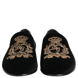 Black Velvet Gold Crown Mens Loafers Shoes