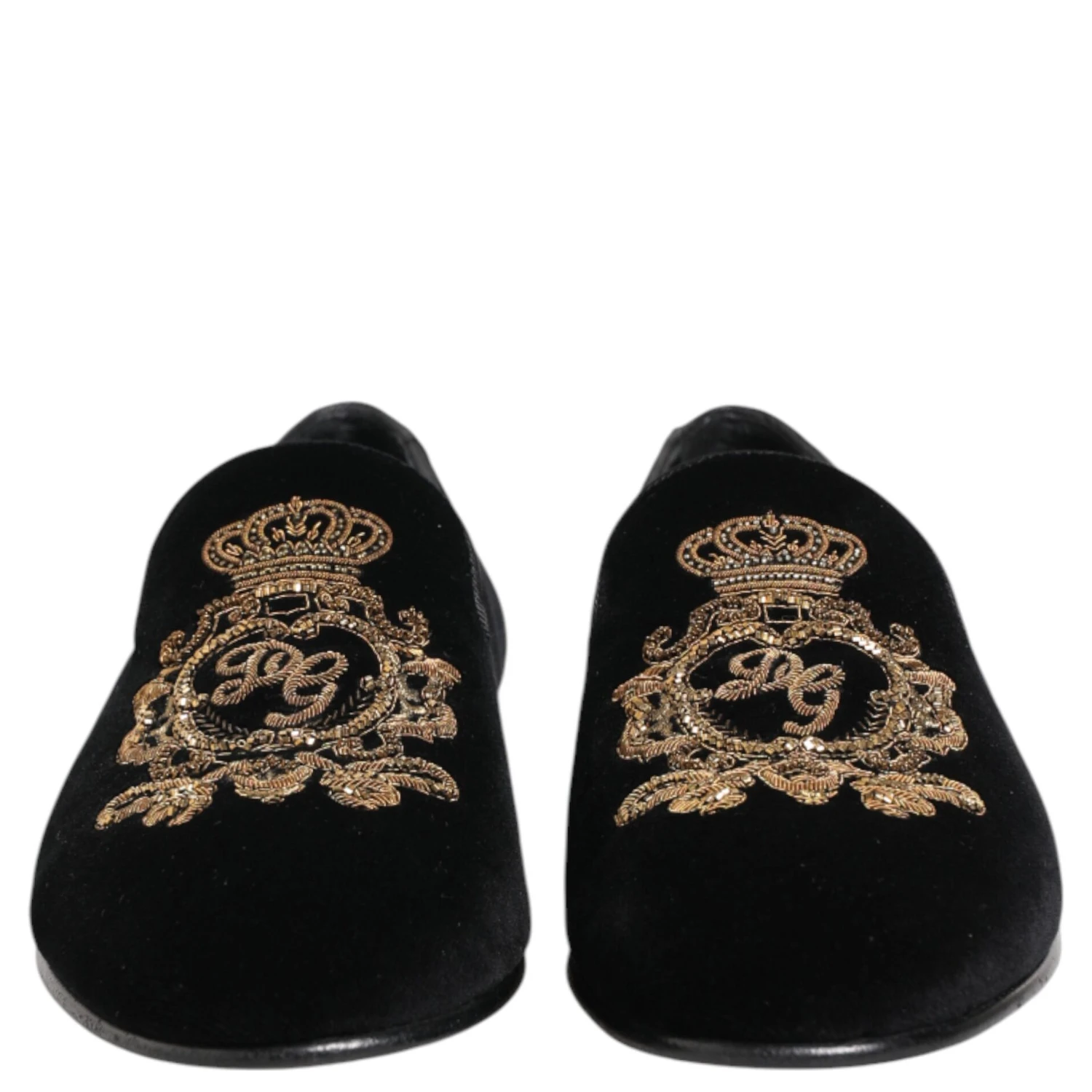 Black Velvet Gold Crown Mens Loafers Shoes
