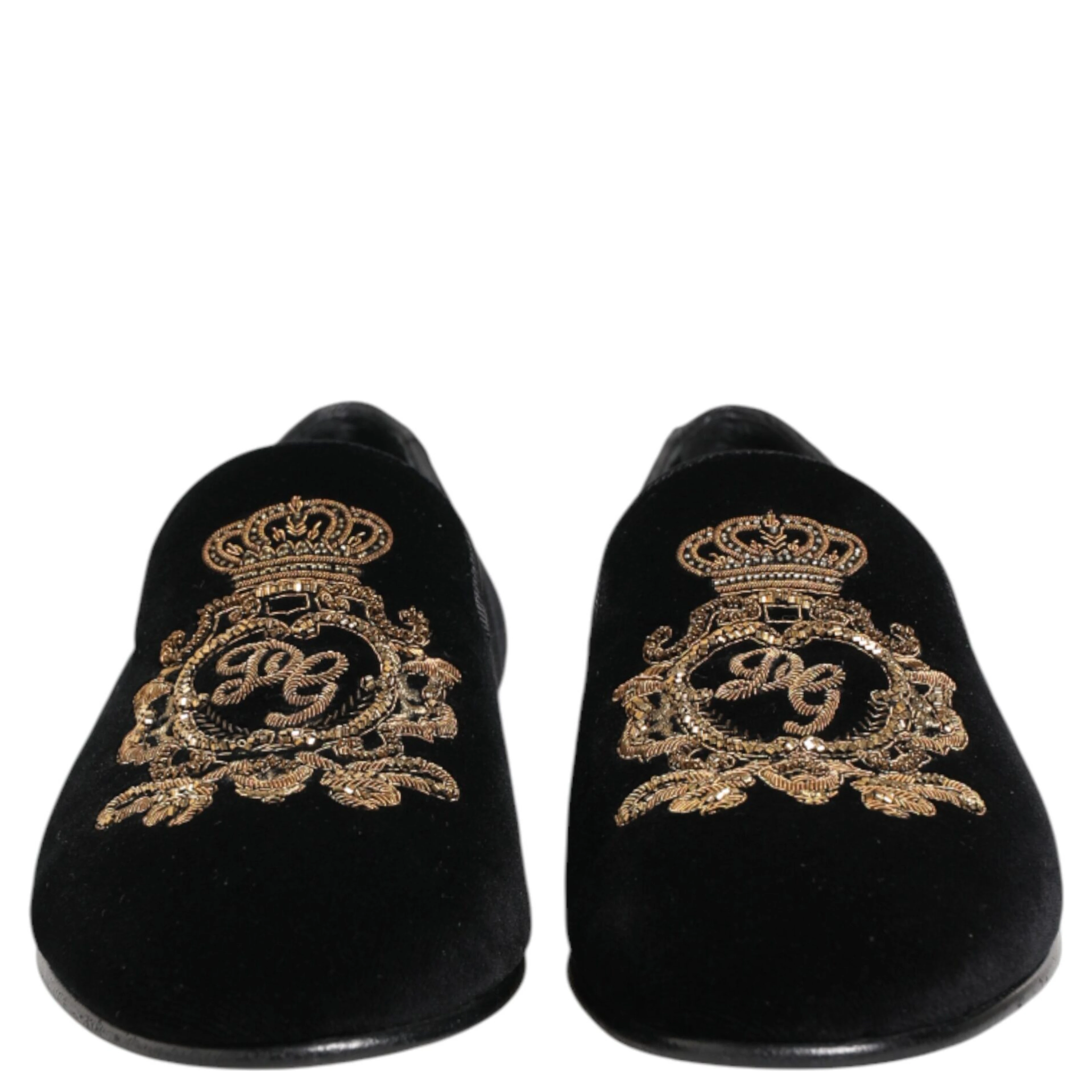 Black Velvet Gold Crown Mens Loafers Shoes