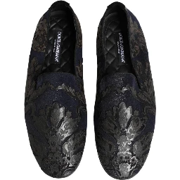 Black Jacquard Leather Slip On Loafers Shoes