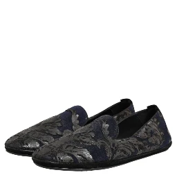 Black Jacquard Leather Slip On Loafers Shoes