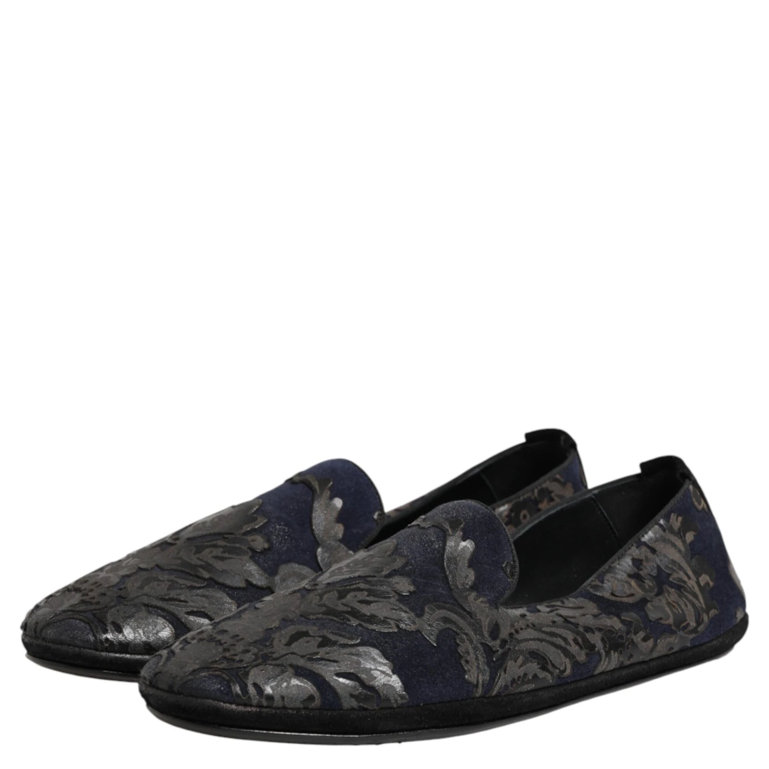Black Jacquard Leather Slip On Loafers Shoes