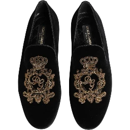 Black Velvet Gold Crown Mens Loafers Shoes