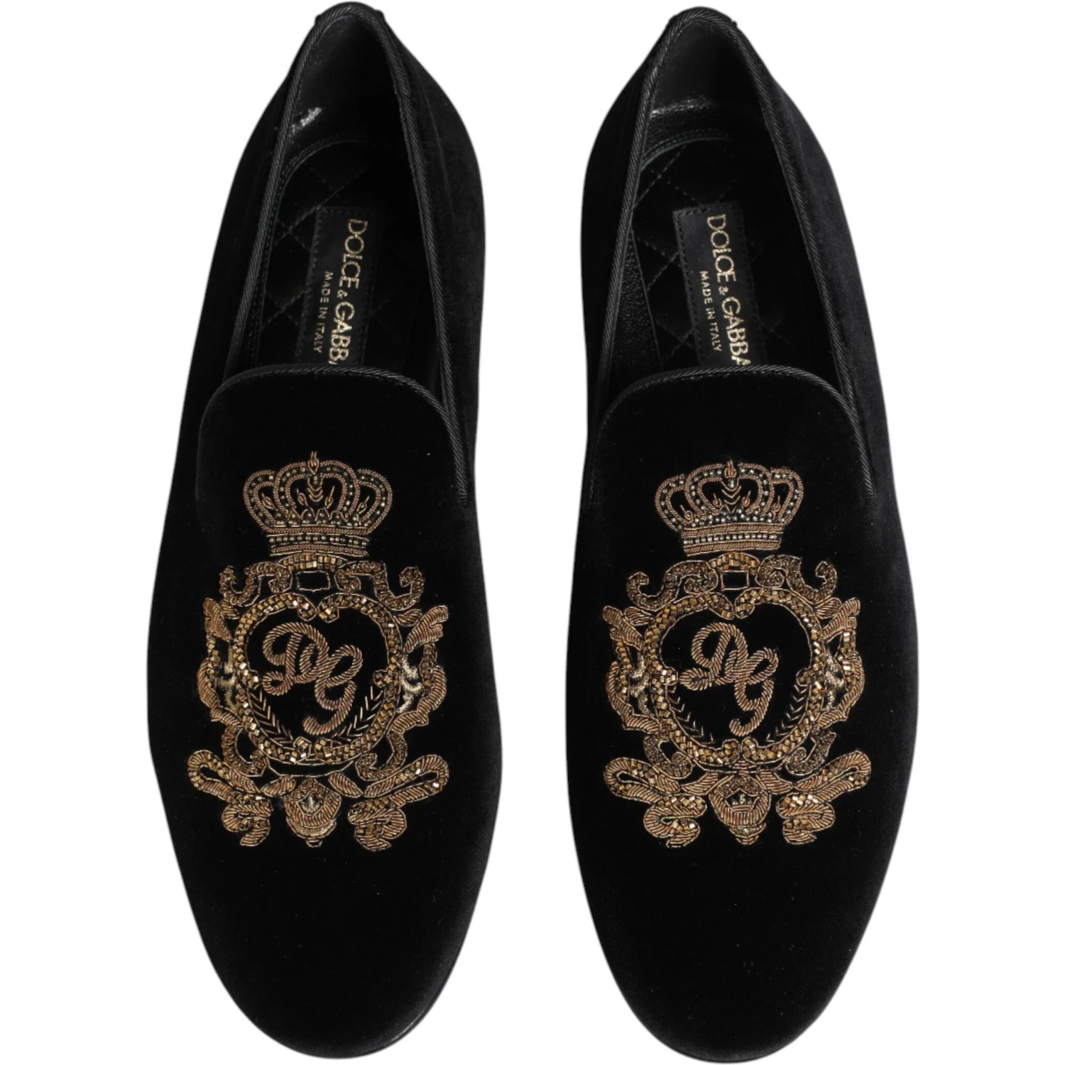 Black Velvet Gold Crown Mens Loafers Shoes