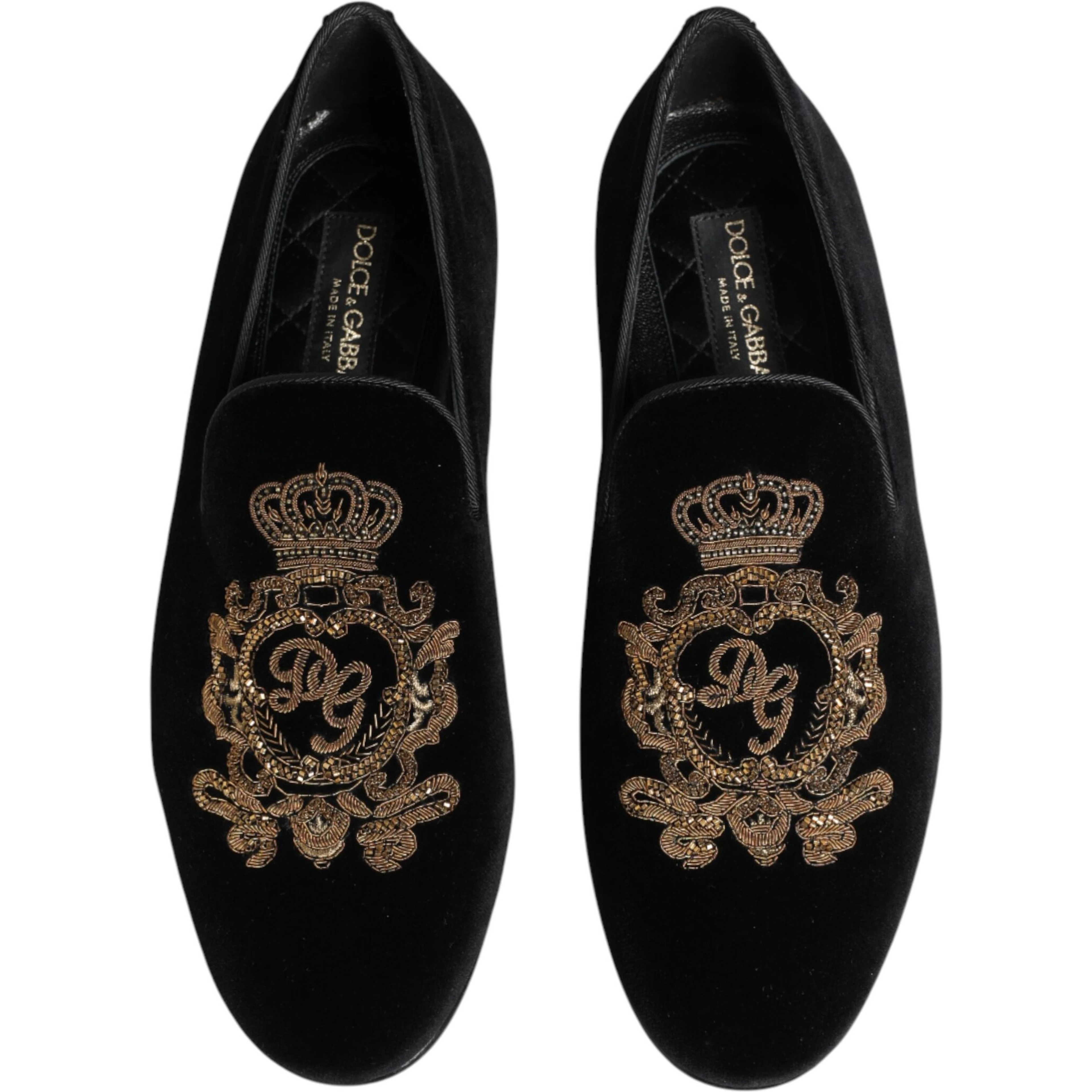 Black Velvet Gold Crown Mens Loafers Shoes