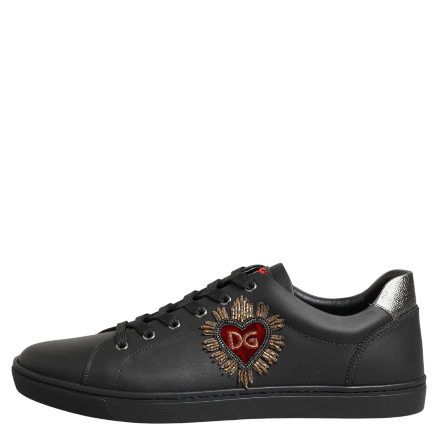 Black Leather Heart Embellished Sneakers Shoes