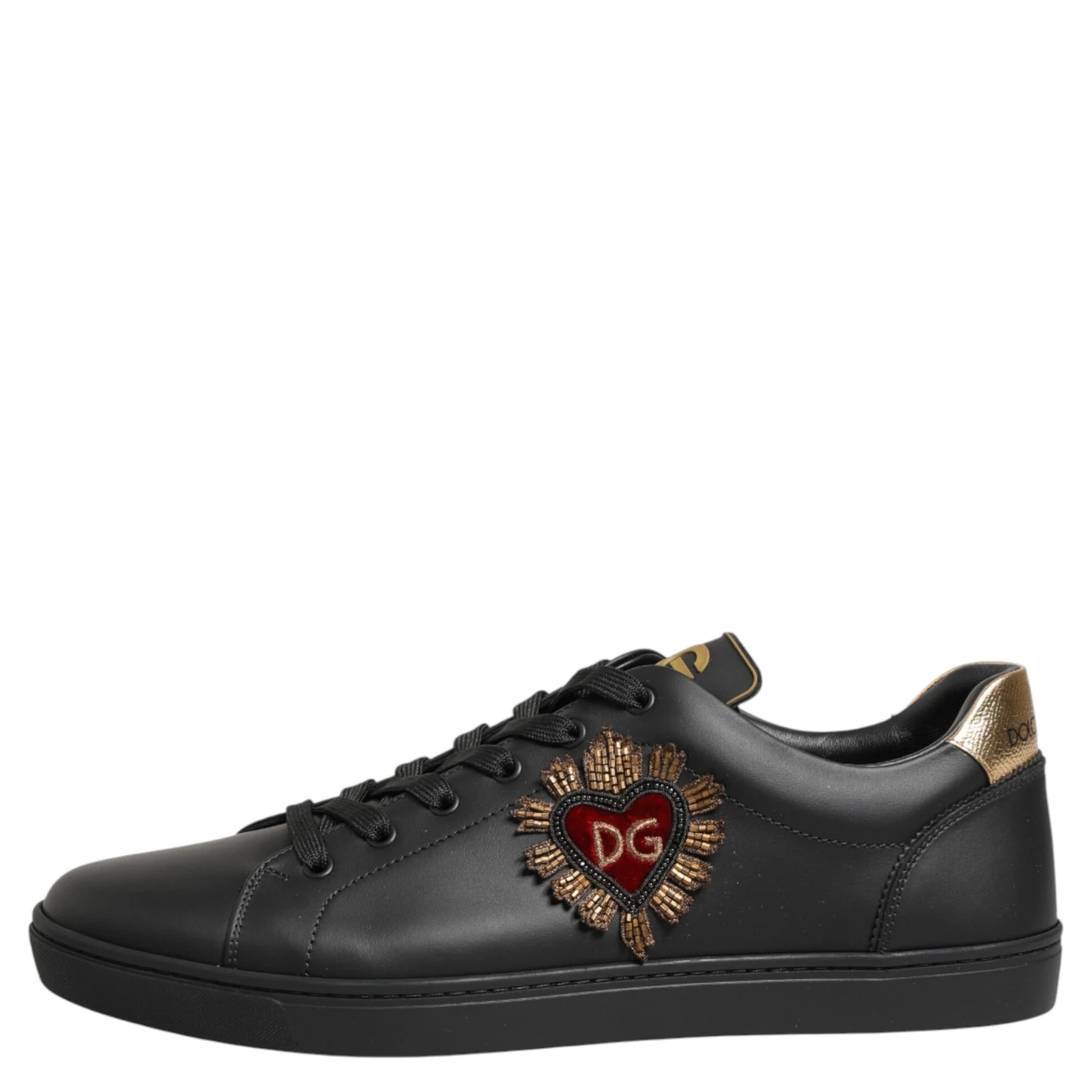 Black Leather Heart Embellished Sneakers Shoes