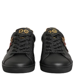 Black Leather Heart Embellished Sneakers Shoes
