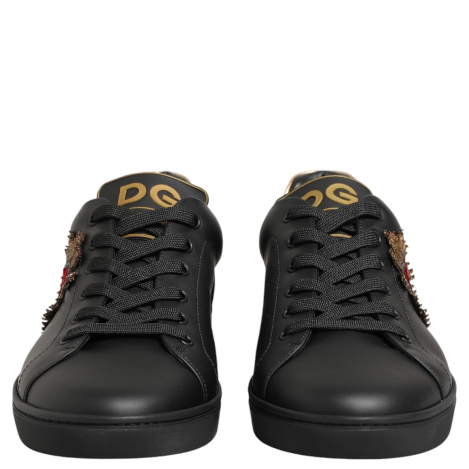 Black Leather Heart Embellished Sneakers Shoes