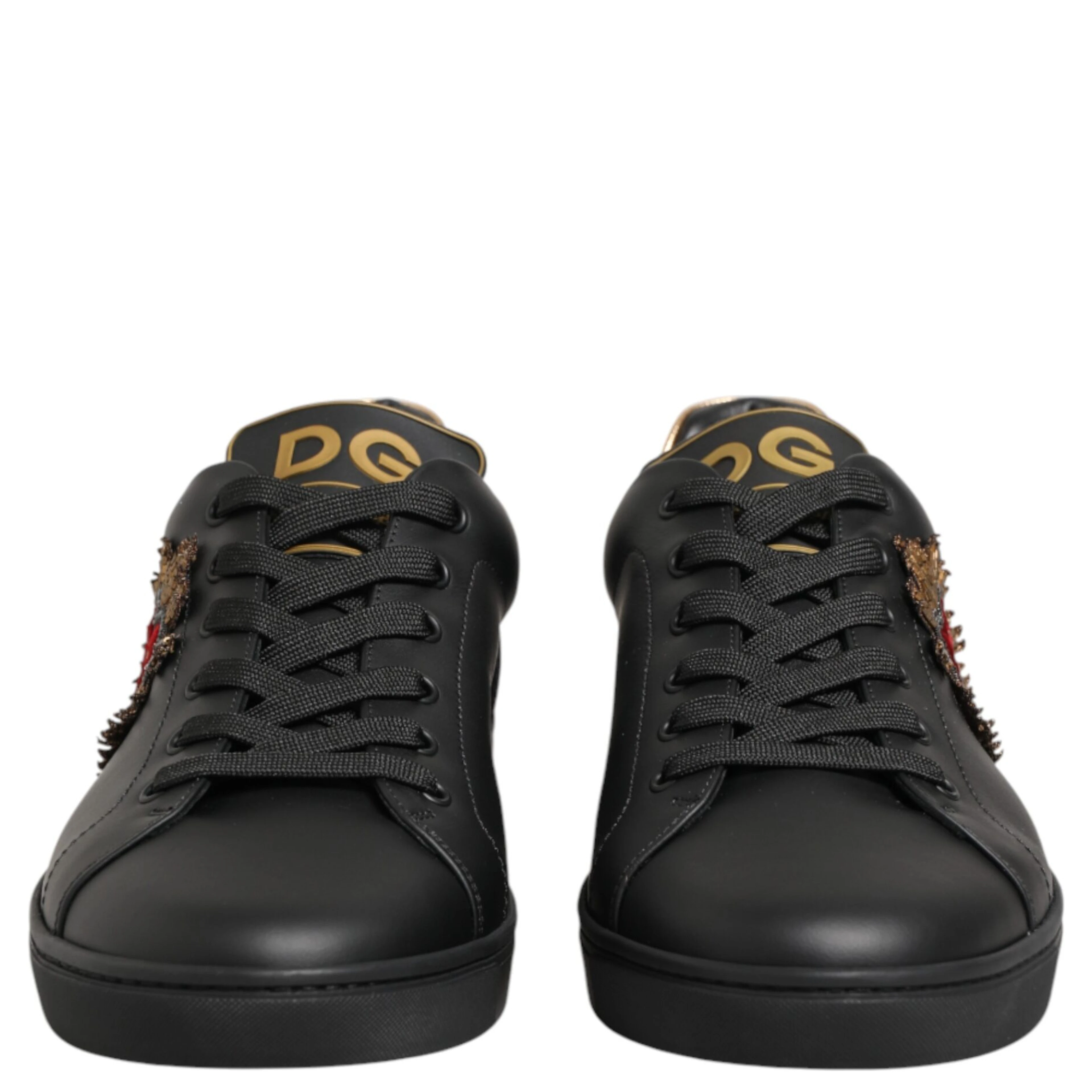 Black Leather Heart Embellished Sneakers Shoes