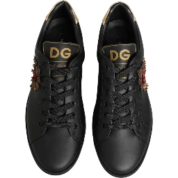 Black Leather Heart Embellished Sneakers Shoes