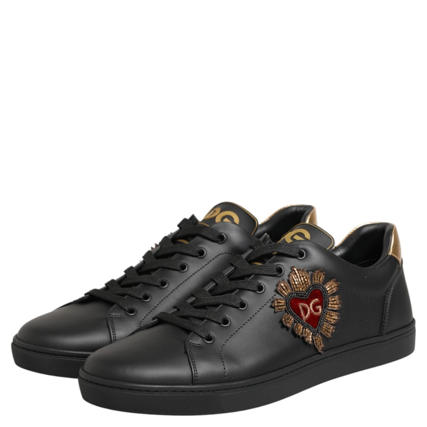 Black Leather Heart Embellished Sneakers Shoes