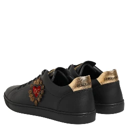 Black Leather Heart Embellished Sneakers Shoes