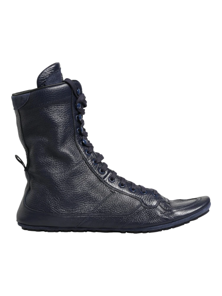 Dark Blue Deer Leather Mid Calf Boots Shoes