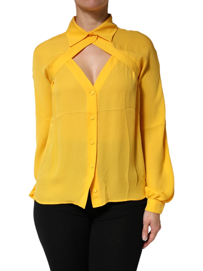 Yellow Silk Collared Long Sleeves Top