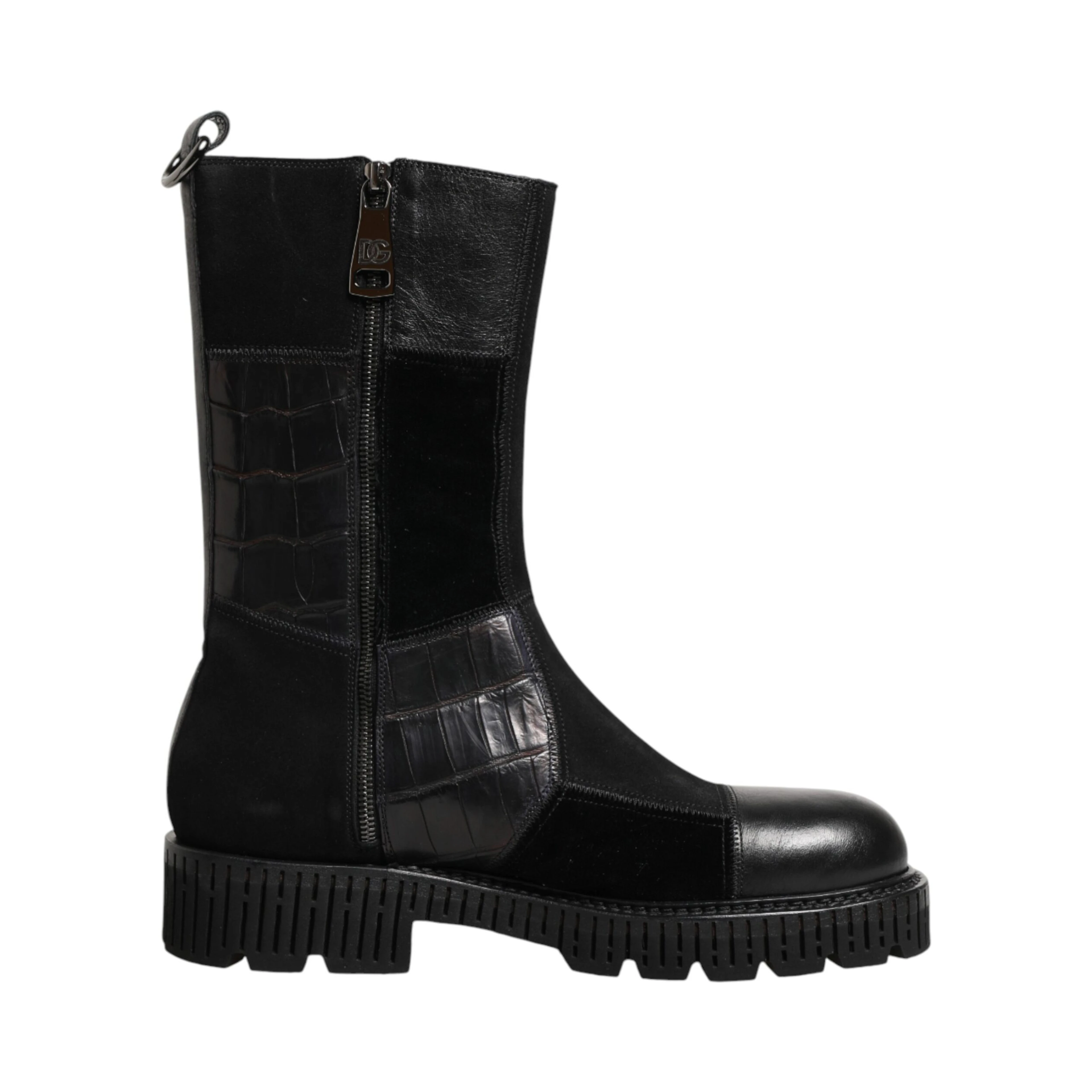 Black Patchwork Leather Mid Calf Boot Shoes