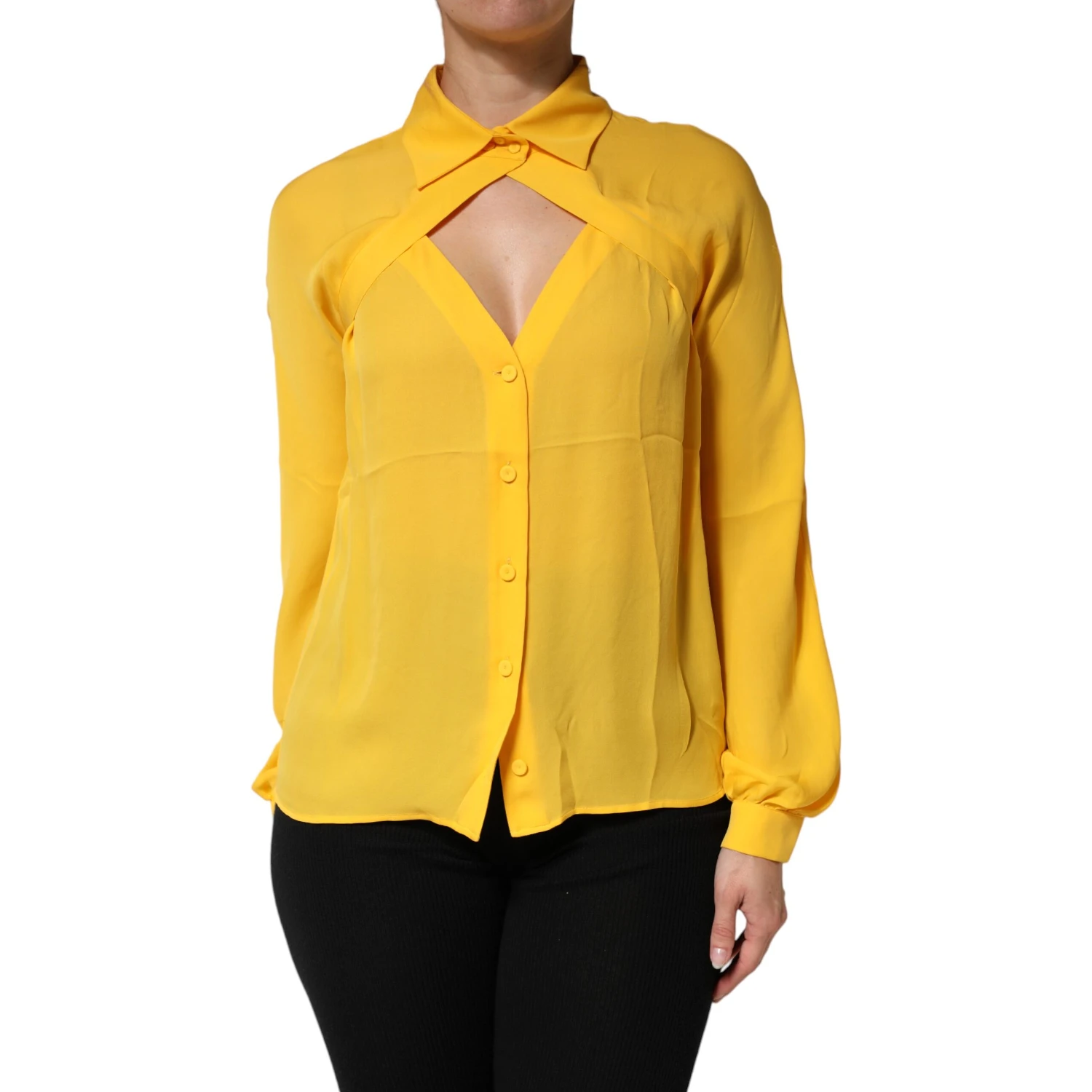 Yellow Silk Collared Long Sleeves  Top