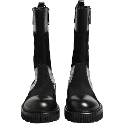 Black Patchwork Leather Mid Calf Boot  Shoes