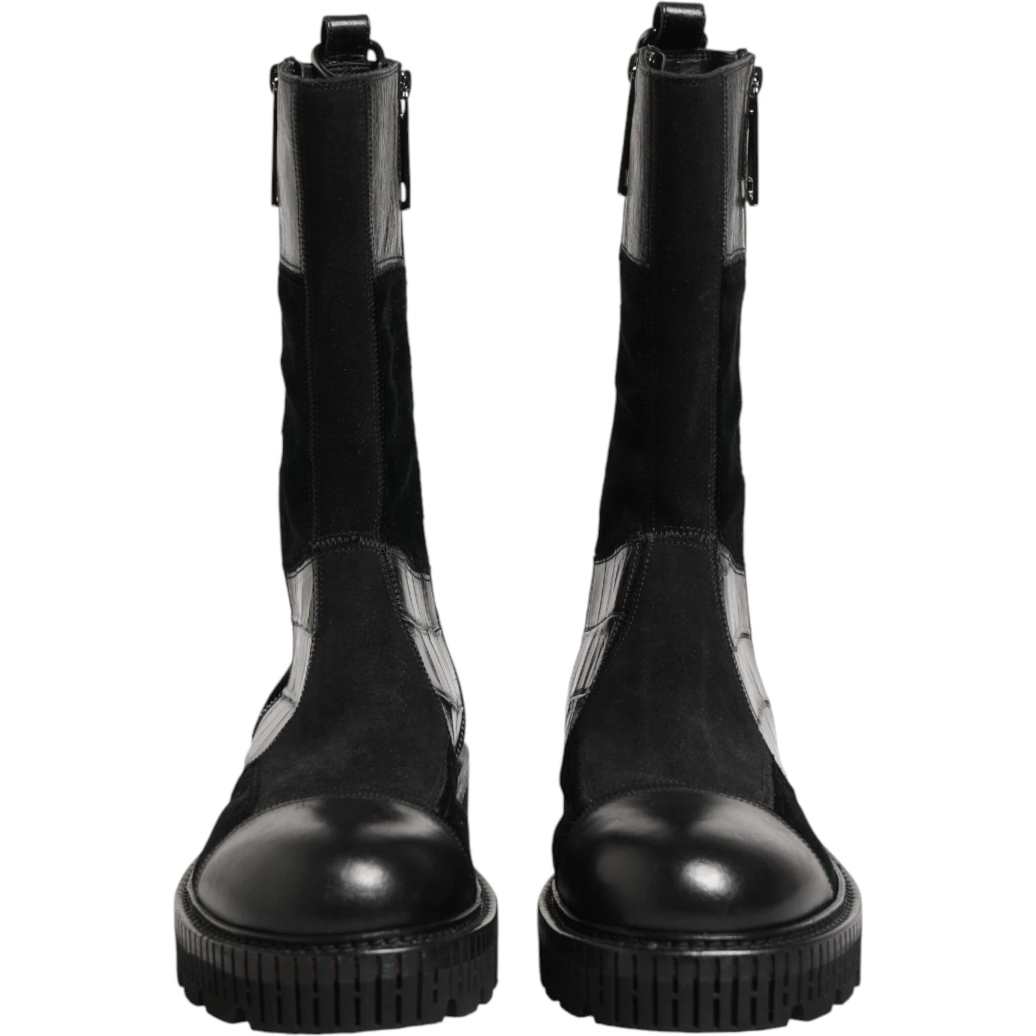 Black Patchwork Leather Mid Calf Boot  Shoes